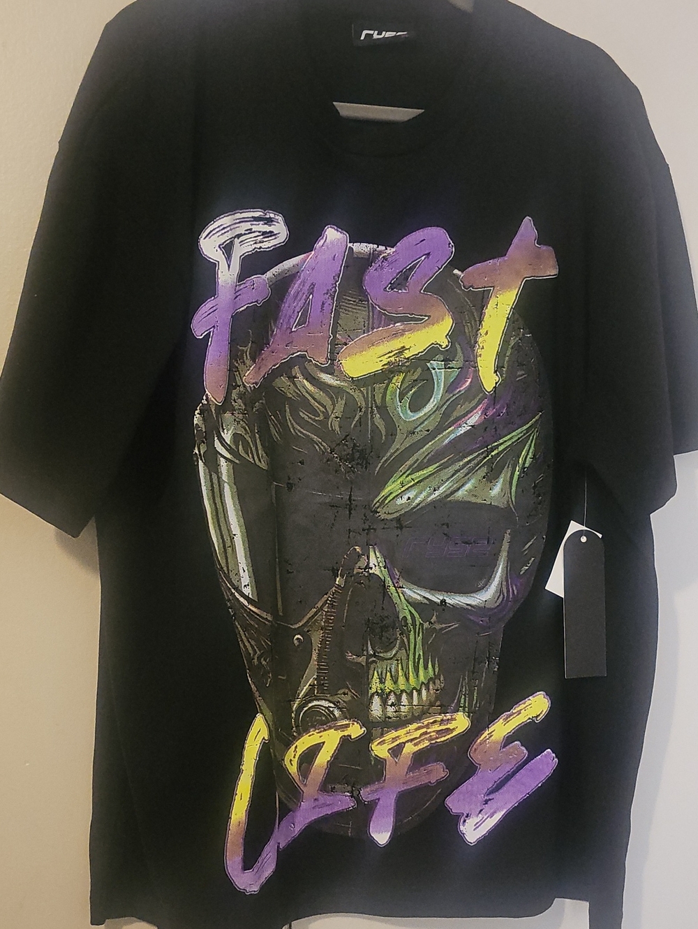 RUDE Black Graphic 'FAST LIFE' Skull Tee with Purple and Yellow Accents